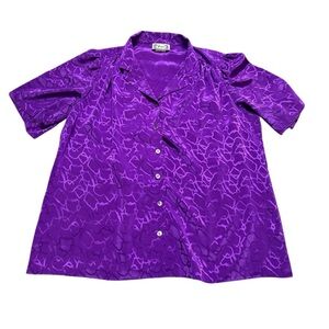 💜 Vintage Frayne ✨ Purple Satin Short Sleeve Button Down Blouse L‎ 💜
